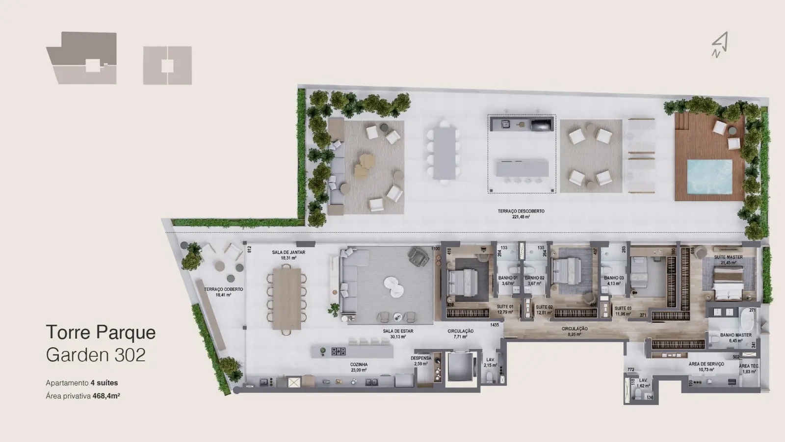 Planta baixa 4 Suítes do D/Sense em Centro, Florianópolis — 468 m² privativos, em lançamento na planta