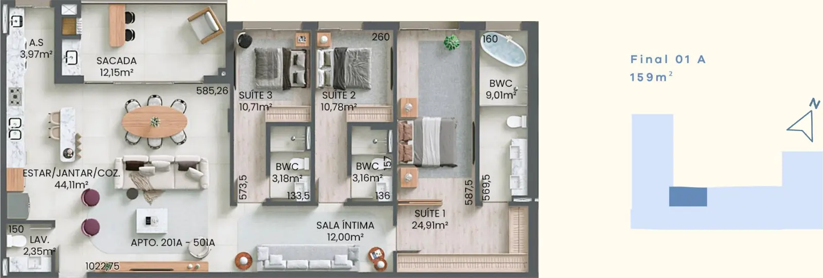 Planta baixa 3 Suítes do D/Verse Beach Concept em Praia Brava, Florianópolis — 159 m² privativos, em lançamento na planta
