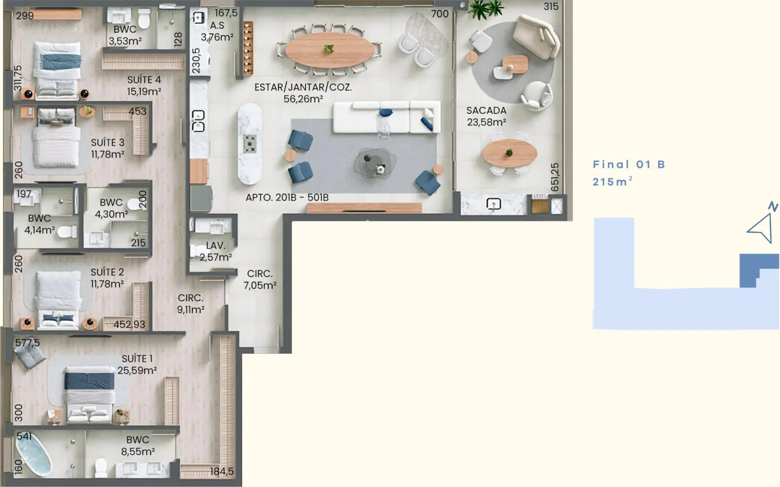 Planta baixa 4 Suítes do D/Verse Beach Concept em Praia Brava, Florianópolis — 215 m² privativos, em lançamento na planta