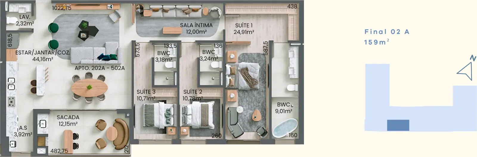 Planta baixa 3 Suítes do D/Verse Beach Concept em Praia Brava, Florianópolis — 159 m² privativos, em lançamento na planta