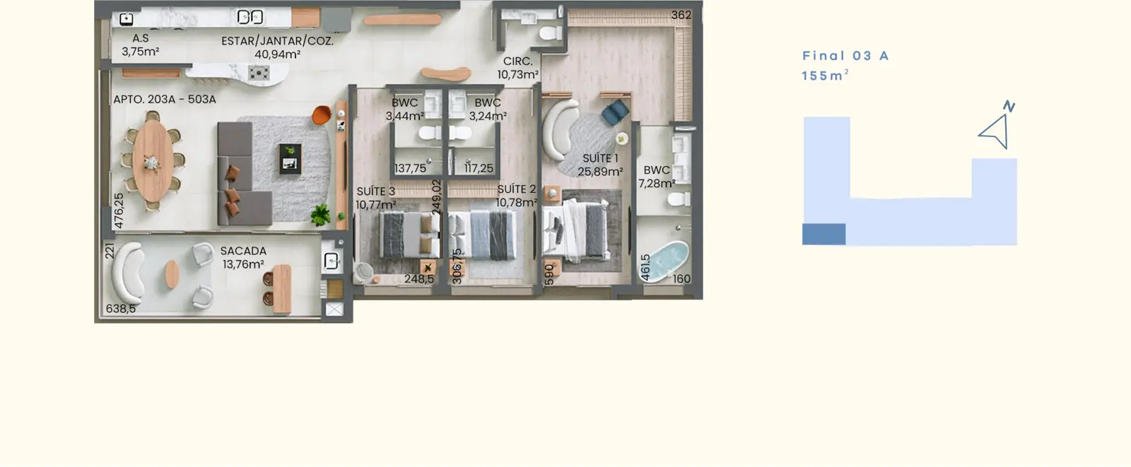 Planta baixa 3 Suítes do D/Verse Beach Concept em Praia Brava, Florianópolis — 155 m² privativos, em lançamento na planta