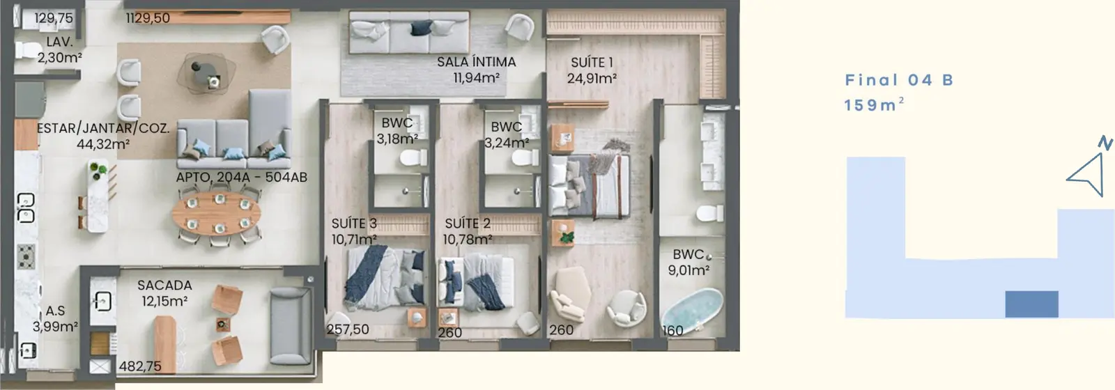 Planta baixa 3 Suítes do D/Verse Beach Concept em Praia Brava, Florianópolis — 159 m² privativos, em lançamento na planta