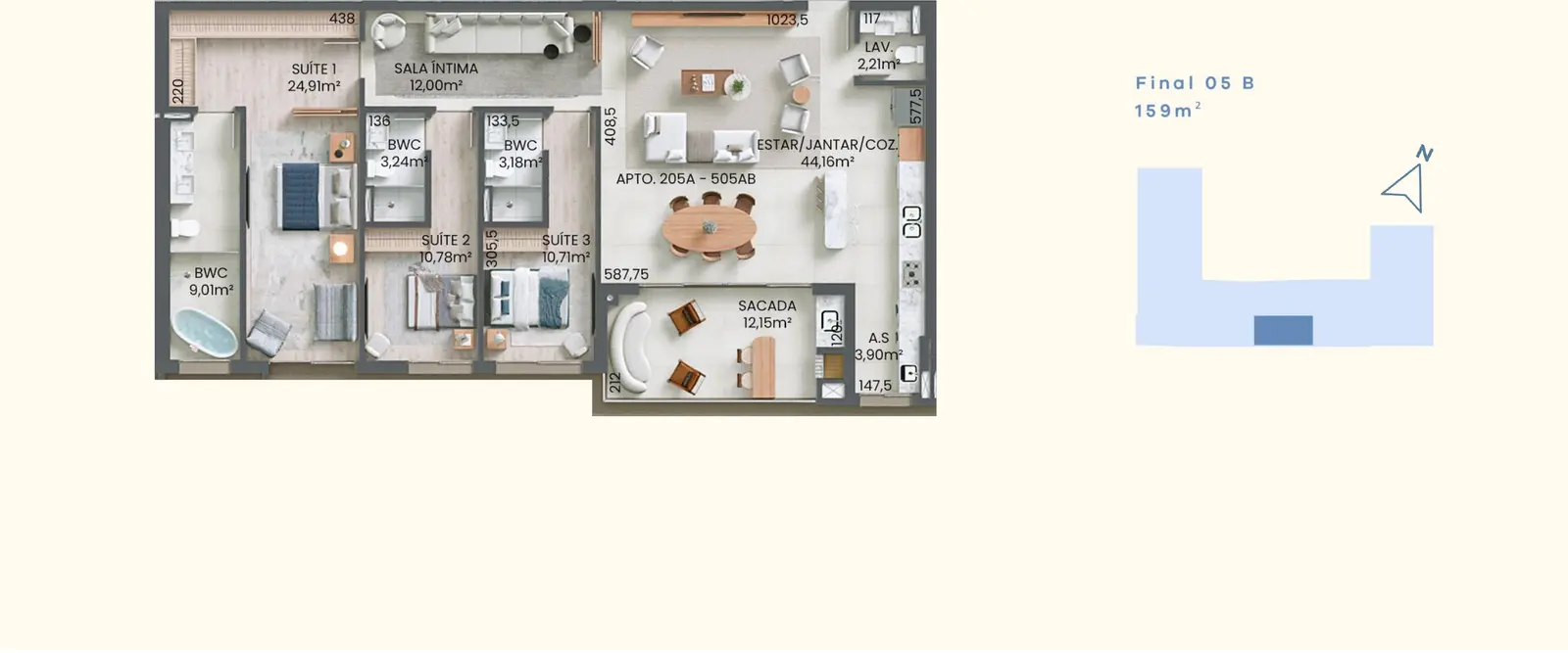 Planta baixa 3 Suítes do D/Verse Beach Concept em Praia Brava, Florianópolis — 159 m² privativos, em lançamento na planta