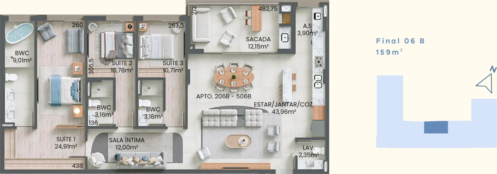 Planta baixa 3 Suítes do D/Verse Beach Concept em Praia Brava, Florianópolis — 159 m² privativos, em lançamento na planta