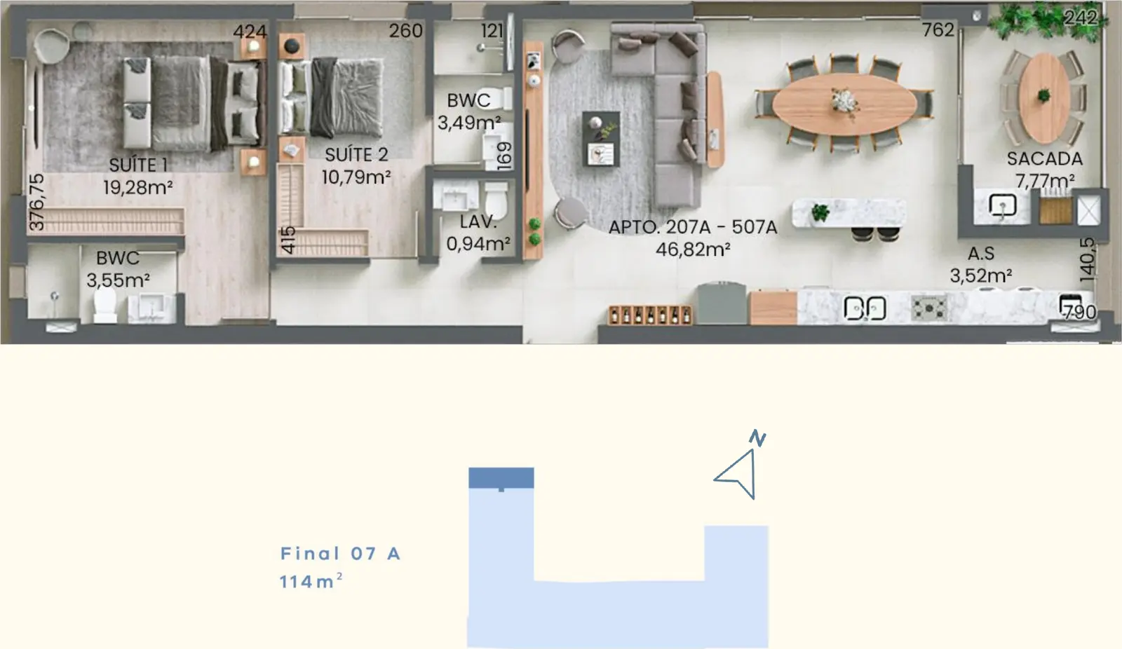 Planta baixa 2 Suítes do D/Verse Beach Concept em Praia Brava, Florianópolis — 114 m² privativos, em lançamento na planta