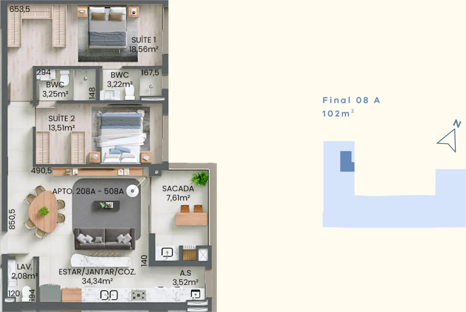 Planta baixa 2 Suítes do D/Verse Beach Concept em Praia Brava, Florianópolis — 102 m² privativos, em lançamento na planta
