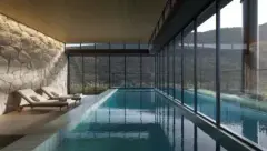 Perspectiva da piscina coberta do Dália à noite com espreguiçadeiras e parede de pedra, ângulo alternativo — Dália em Canasvieiras, Florianópolis