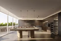 Perspectiva da área gourmet com mesa de sinuca, cozinha equipada com coifa e adega à vista — Djalma 64 em Centro, Florianópolis