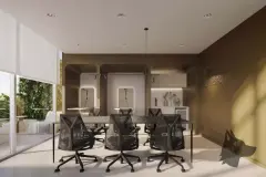 Perspectiva do espaço coworking com mesa de trabalho, cadeiras ergonômicas e iluminação suspensa — Djalma 64 em Centro, Florianópolis
