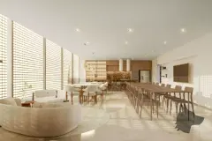 Perspectiva do salão de festas do Djalma 64 com sala de estar, mesa longa e cozinha iluminada — Djalma 64 em Centro, Florianópolis