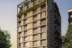 Perspectiva da fachada do Djalma 64 ao entardecer com rooftop com vegetação exuberante — Djalma 64 em Centro, Florianópolis