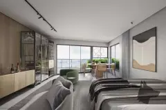 Perspectiva do quarto integrado com closet, sala de estar e varanda com vista para a baía de Florianópolis — Domus 544 em Agronômica, Florianópolis