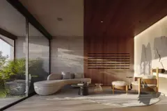 Perspectiva da sala de estar com sofá curvo, mesa de centro e teto em madeira com vista para o jardim — Domus 544 em Agronômica, Florianópolis