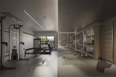 Perspectiva da academia com equipamentos fitness, espelhos e janelas com vista para a vegetação — Domus 544 em Agronômica, Florianópolis