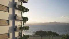 Perspectiva da fachada lateral do Domus 544 com sacadas com vegetação e vista para a Baía Norte — Domus 544 em Agronômica, Florianópolis
