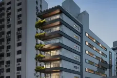 Perspectiva da fachada do Domus 544, torre com sacadas e marquises com vegetação ao entardecer — Domus 544 em Agronômica, Florianópolis