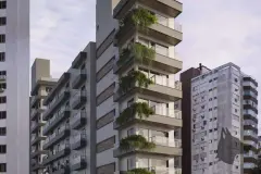 Perspectiva da fachada do Domus 544, torre alta com sacadas e plantas pendentes, ângulo alternativo — Domus 544 em Agronômica, Florianópolis