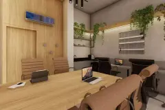 Espaço de coworking com mesa de reunião em madeira, cadeiras, TV, prateleiras e plantas suspensas — Easy Studios em Centro, Florianópolis