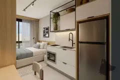 Studio com kitchenette integrada com geladeira, pia e forno, cama de casal e vista para a cidade — Easy Studios em Centro, Florianópolis