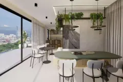 Salão gourmet com mesa oval verde, cadeiras brancas, plantas suspensas e vista panorâmica para a cidade — Easy Studios em Centro, Florianópolis