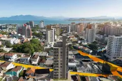 Vista aérea da localização do edifício Easy Studios no centro de Florianópolis com baía e montanhas ao fundo — Easy Studios em Centro, Florianópolis