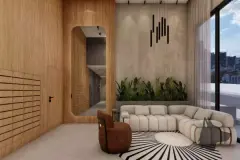 Lobby de entrada com sofá bege curvo, poltrona caramelo, tapete listrado, jardim interno e iluminação pendente — Easy Studios em Centro, Florianópolis
