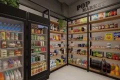 Pop Market — mercearia de conveniência interna com prateleiras e geladeiras abastecidas com alimentos variados — Easy Studios em Centro, Florianópolis