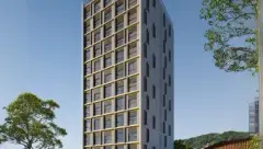 Fachada lateral do edifício Easy Studios com janelas em grade dourada e Morro da Cruz ao fundo — Easy Studios em Centro, Florianópolis