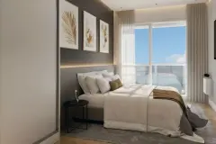 Perspectiva do dormitório do Essência Carlessi com cama de casal, TV embutida e janela ampla para as montanhas — Essência Carlessi em Córrego Grande, Florianópolis