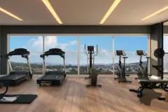 Academia do Essência Carlessi com esteiras, bicicletas ergométricas e janelas panorâmicas com vista para as montanhas — Essência Carlessi em Córrego Grande, Florianópolis