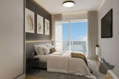 Perspectiva do dormitório do Essência Carlessi com cama de casal, quadros botânicos e janela com vista para o céu — Essência Carlessi em Córrego Grande, Florianópolis