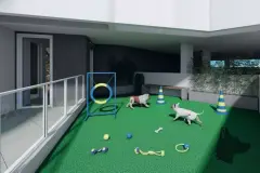 Perspectiva do espaço pet do Essência Carlessi com obstáculos de agilidade, cones e grama artificial — Essência Carlessi em Córrego Grande, Florianópolis