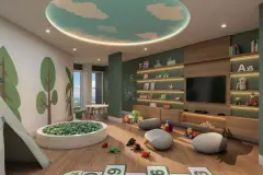 Perspectiva da brinquedoteca do Essência Carlessi com piscina de bolinhas, prateleiras iluminadas, TV e parede temática — Essência Carlessi em Córrego Grande, Florianópolis