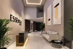 Perspectiva do hall de entrada do Essência Carlessi com logotipo em relevo, recepção de mármore e sofá branco — Essência Carlessi em Córrego Grande, Florianópolis