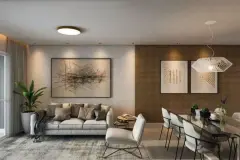 Perspectiva da sala de estar do Essência Carlessi com sofá cinza, painel ripado de madeira e mesa de jantar com pendente — Essência Carlessi em Córrego Grande, Florianópolis