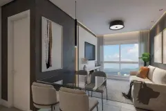 Perspectiva da sala de estar do Essência Carlessi com mesa de jantar de vidro, TV embutida e sacada com vista para as montanhas — Essência Carlessi em Córrego Grande, Florianópolis