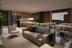 Perspectiva do salão gourmet do Essência Carlessi com sofá cinza, cozinha integrada, mesas e tela de projeção — Essência Carlessi em Córrego Grande, Florianópolis
