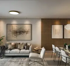 Perspectiva da sala de estar do Essência Carlessi com sofá cinza, armário ripado de madeira, mesa de jantar e pendente — Essência Carlessi em Córrego Grande, Florianópolis
