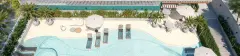 Perspectiva aérea da área da piscina com espreguiçadeiras, guarda-sol, deck em areia e jardim com palmeiras — Gaivotas 4 em Ingleses, Florianópolis