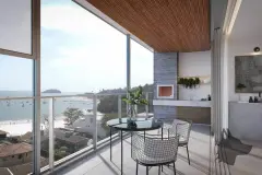 Varanda gourmet com mesa redonda, cadeiras aramadas, churrasqueira embutida e vista para a praia de Jurerê — Galleria 50 em Jurerê, Florianópolis