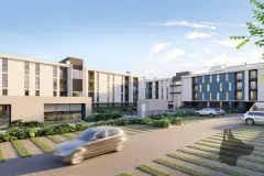 Entrada do condomínio com blocos em tons bege e azul, estacionamento com piso drenante e paisagismo — Gran Malltech Residence em Vargem Grande, Florianópolis