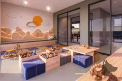 Brinquedoteca com paredes temáticas de montanhas, cubos de madeira coloridos, puffs azuis e brinquedos — Gran Malltech Residence em Vargem Grande, Florianópolis
