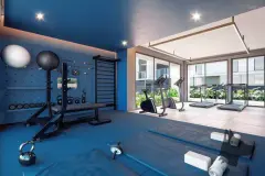 Academia equipada com pesos, aparelhos de musculação, bicicleta ergométrica e esteiras com vidros panorâmicos — Gran Malltech Residence em Vargem Grande, Florianópolis