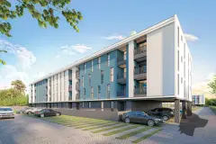 Fachada lateral do bloco azul em perspectiva com vagas de estacionamento e paisagismo — Gran Malltech Residence em Vargem Grande, Florianópolis