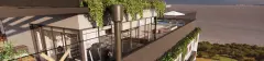 Rooftop com academia envidraçada, piscina com espreguiçadeiras e guarda-sol, jardins suspensos e vista para o mar — HUB Beira Mar em Saco dos Limões, Florianópolis