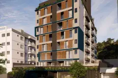 Fachada do edifício com 8 andares, revestimento amadeirado, venezianas e jardim vertical — HUB Beira Mar em Saco dos Limões, Florianópolis