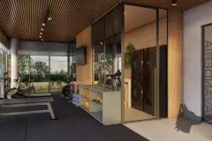 Academia com aparelhos de musculação, piso emborrachado, espelhos e lavanderia com máquinas de lavar ao lado — HUB Beira Mar em Saco dos Limões, Florianópolis