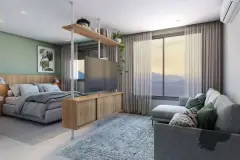Studio com cama de casal, divisória de TV amadeirada suspensa, sofá-cama e janela panorâmica com vista para montanhas — HUB Beira Mar em Saco dos Limões, Florianópolis