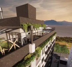 Vista aérea do rooftop com academia envidraçada, piscina com guarda-sol e jardins suspensos ao pôr do sol — HUB Beira Mar em Saco dos Limões, Florianópolis