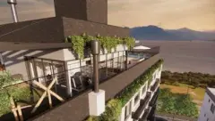 Vista do rooftop com academia envidraçada e piscina com espreguiçadeiras ao entardecer — HUB Beira Mar em Saco dos Limões, Florianópolis